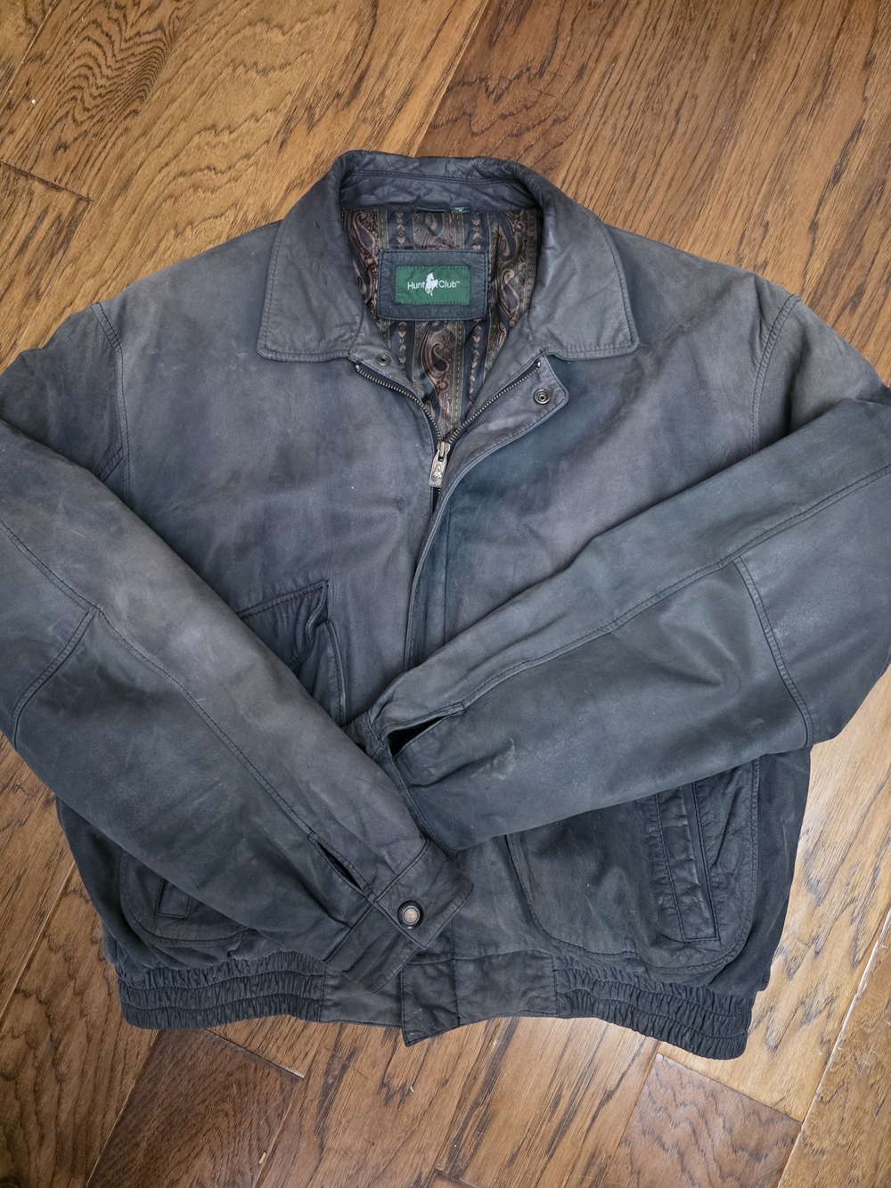 Hunt Club Men's Dark Gray Leather Bomber Jacket